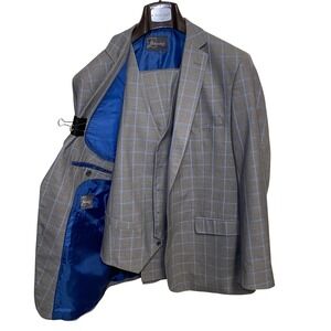 Bertolini Smart 3 Piece‎ Suit Mens 48 42 Gray Blue Windowpane Wool Silk